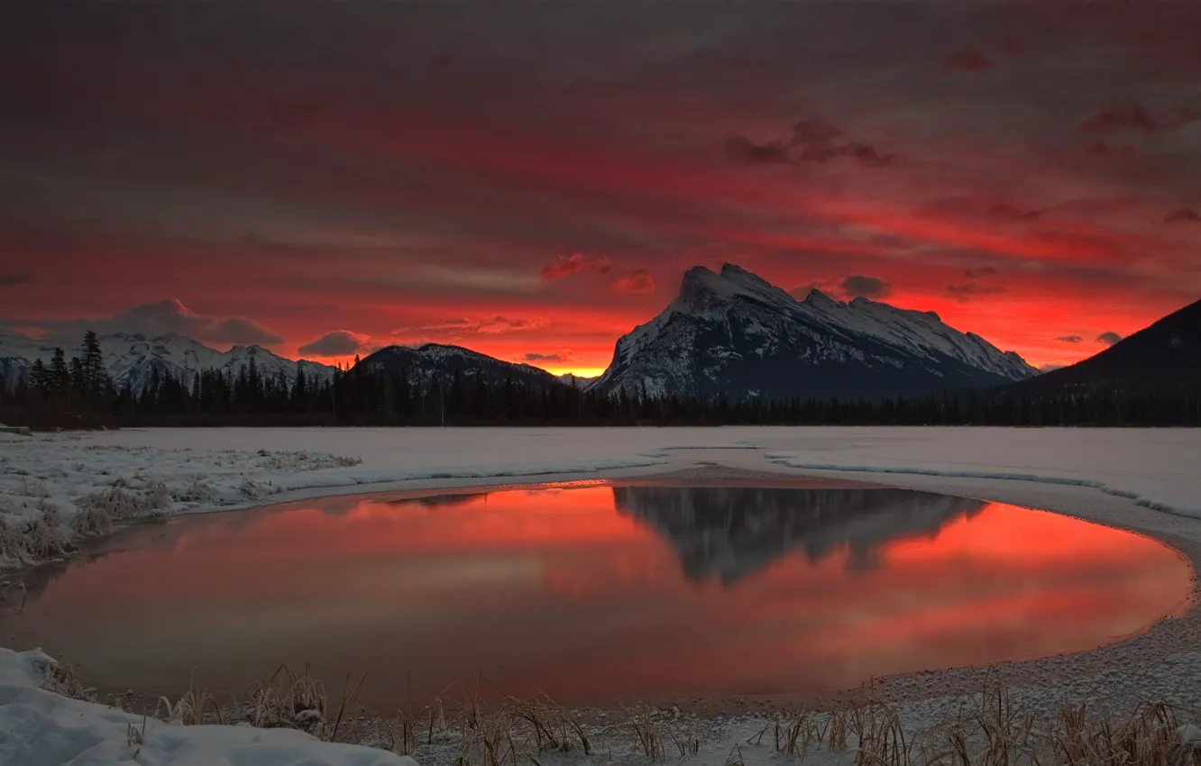 Photo wallpaper winter, snow, mountains, lake, dawn