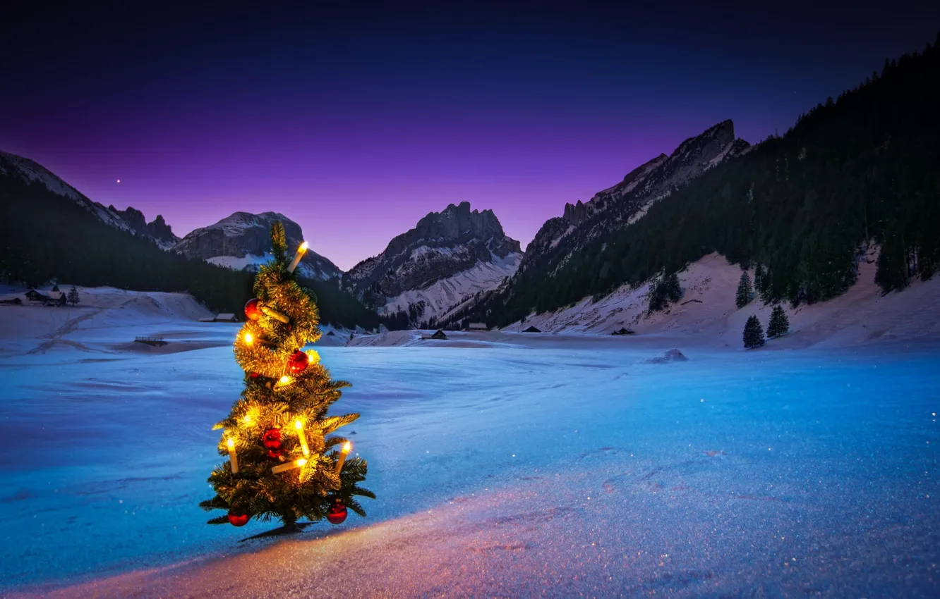 Photo wallpaper winter, snow, mountains, night, tree, new year, garland