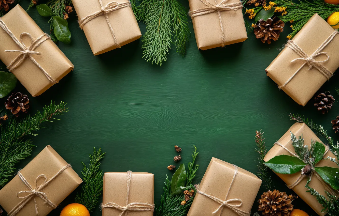 Photo wallpaper branches, gift, new year, Christmas, needles, bumps, green background, AI art