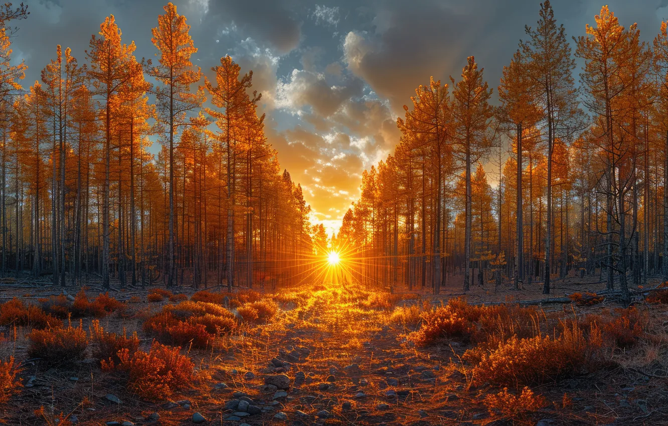 Photo wallpaper field, autumn, forest, the sky, the sun, clouds, rays, trees