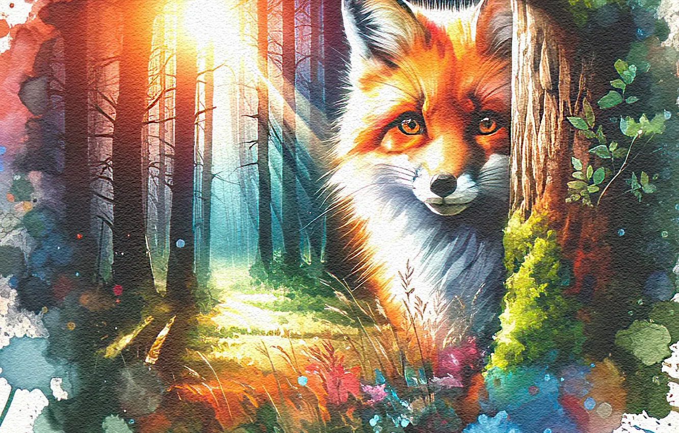 Photo wallpaper forest, look, the sun, portrait, Fox, painting, bright colors, imitation painting