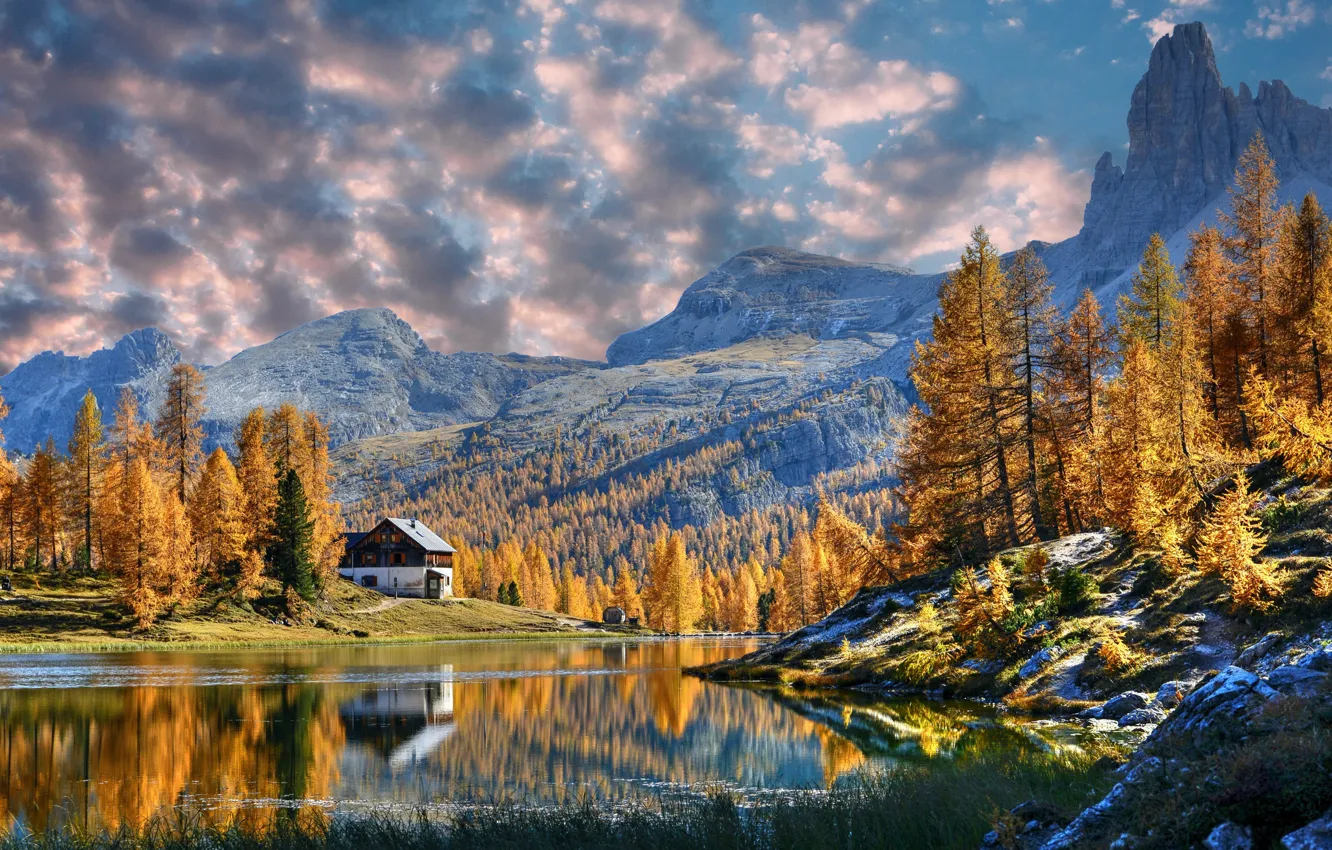 Photo wallpaper Clouds, Reflection, Mountains, Autumn, Lake, Trees, Alps, Italy