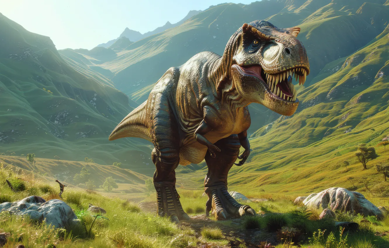 Photo wallpaper grass, mountains, animal, dinosaur, predator, grin, Tyrannosaurus, digital art