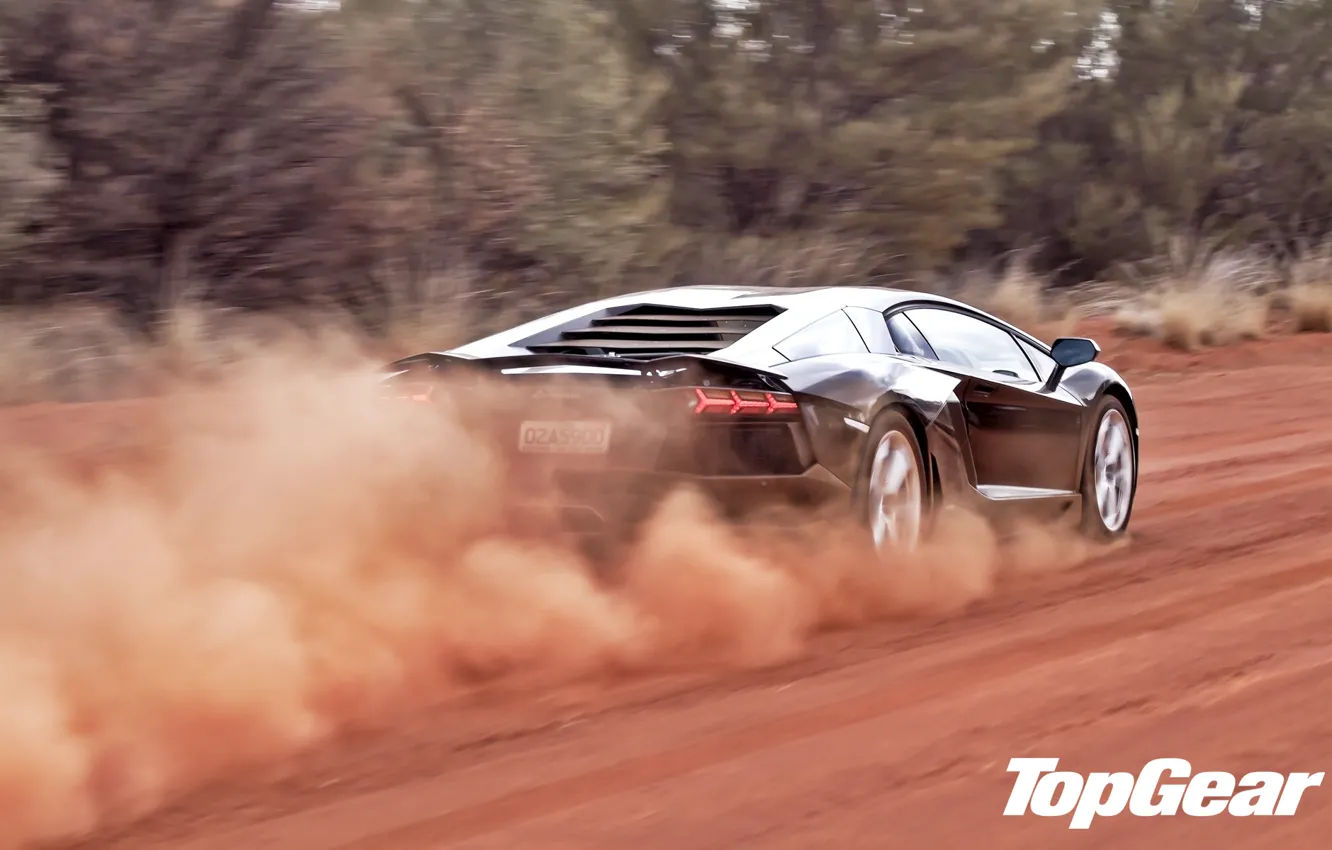 Photo wallpaper road, trees, black, dust, Lamborghini, supercar, rear view, top gear