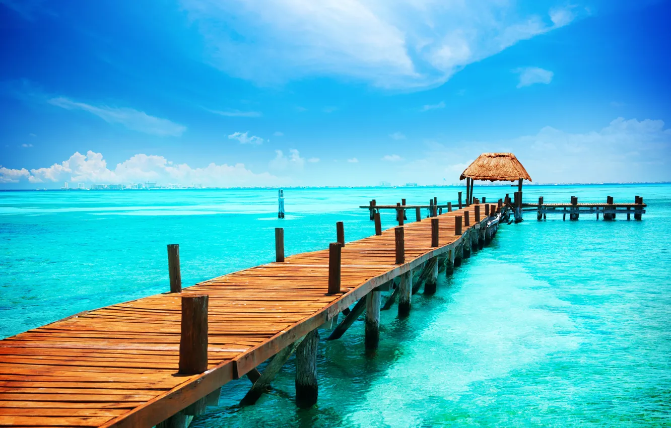 Photo wallpaper sea, sunset, nature, tropics, the bridge, gazebo, nature, gazebo