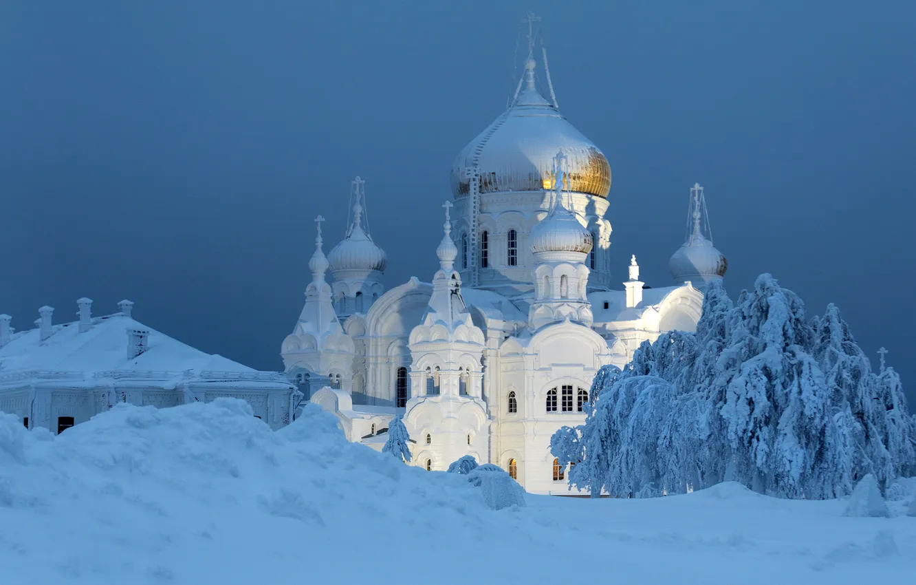 Photo wallpaper winter, snow, the snow, temple, Russia, Perm Krai, White mountain, Belogorsky Nicholas monastery