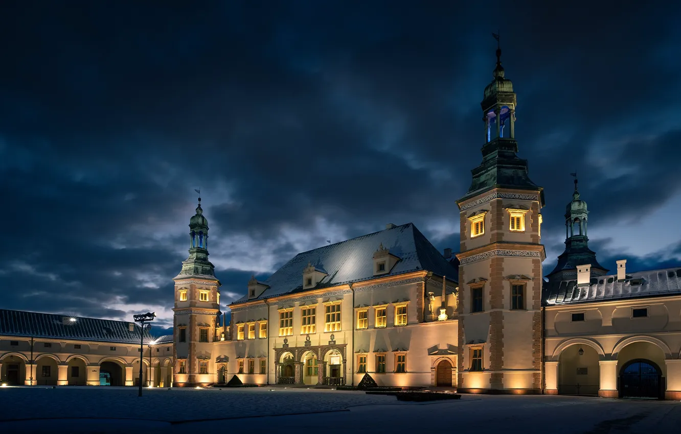 Photo wallpaper night, the city, building, lighting, area, Poland, Museum, Kielce
