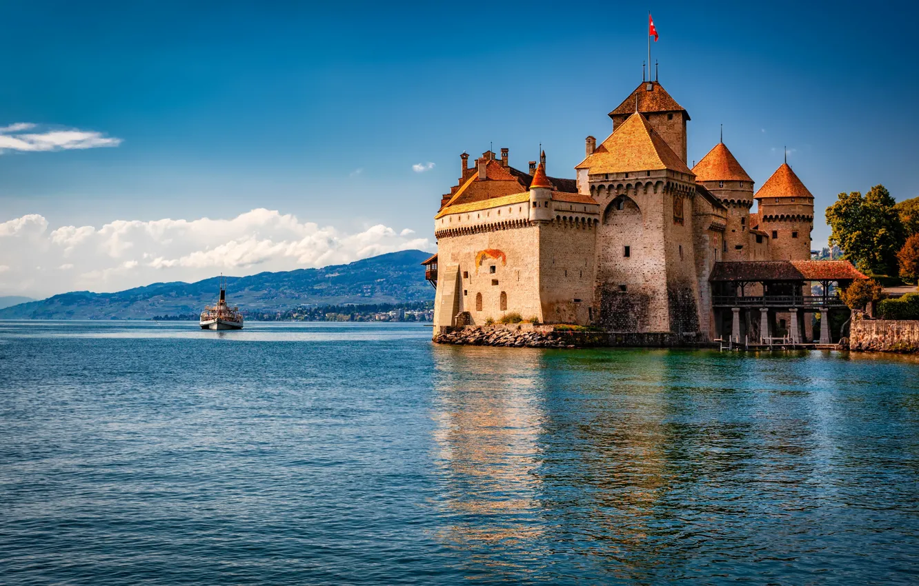 Photo wallpaper landscape, nature, lake, castle, Switzerland, Lake Geneva, Chillon, Alexander the Silent