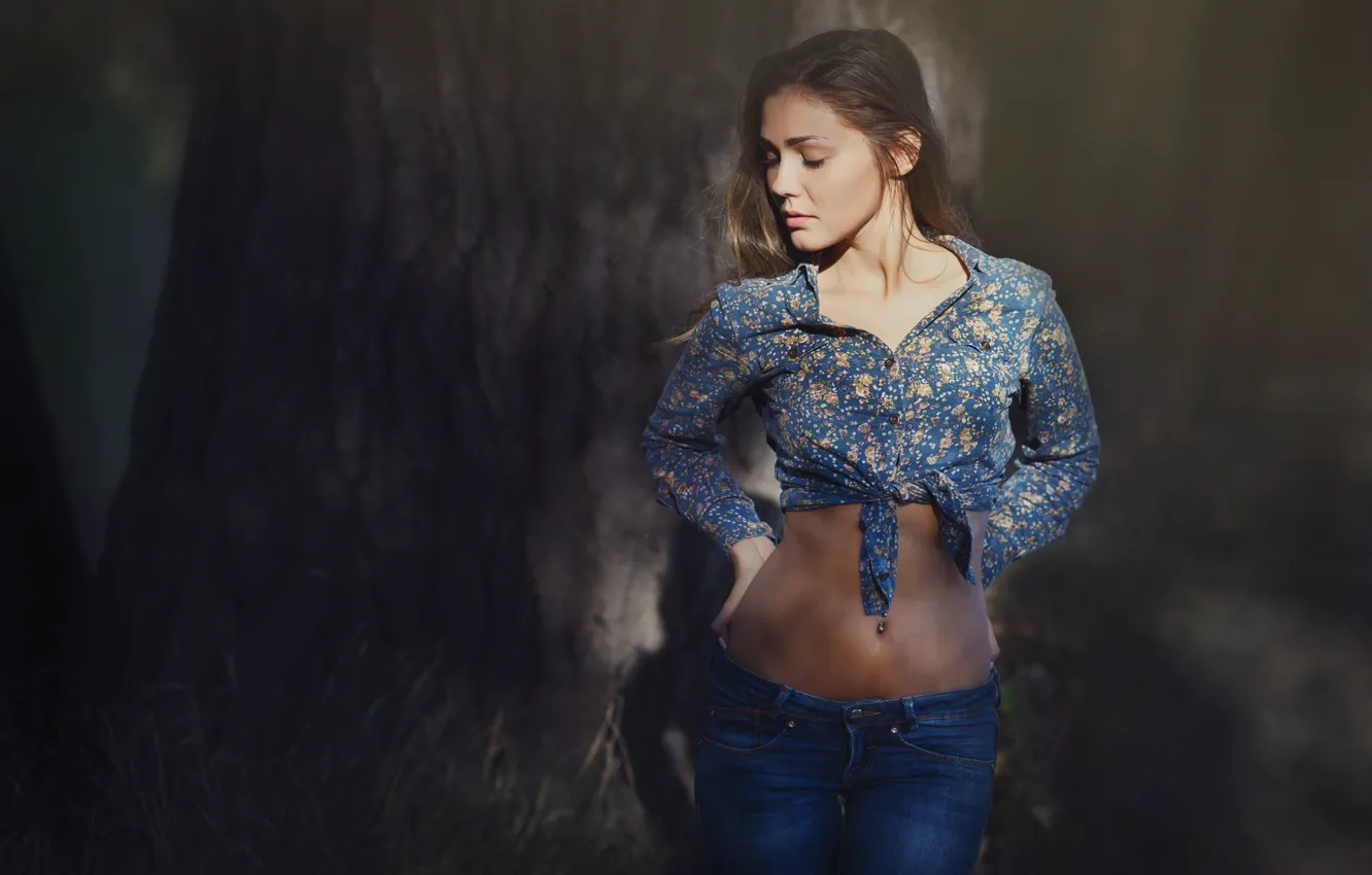 Photo wallpaper forest, girl, jeans, shirt