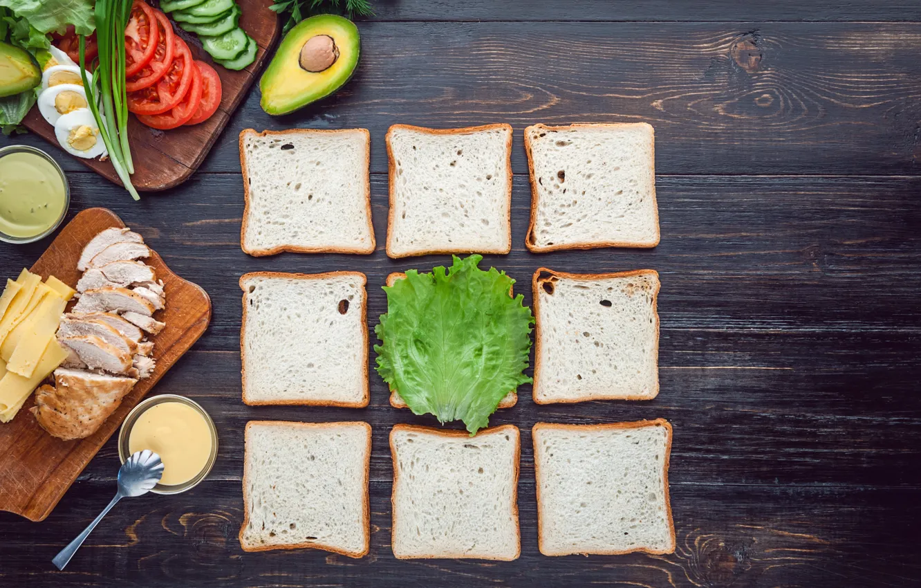Photo wallpaper greens, chicken, bread, vegetables, sauce, sandwich, eggs, toast