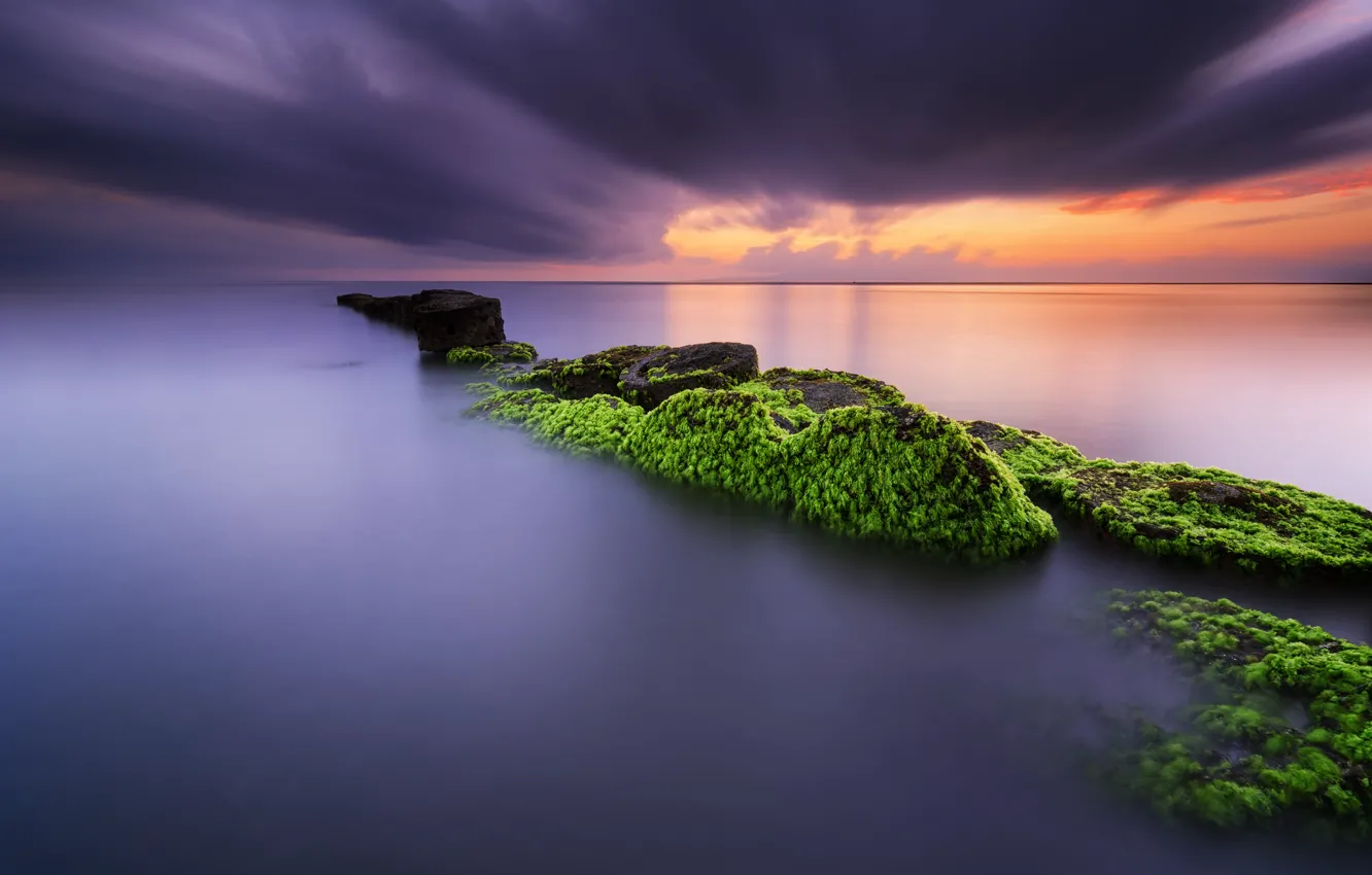 Photo wallpaper sea, sunset, rocks, rock, sea, sunset, Sludge, silt