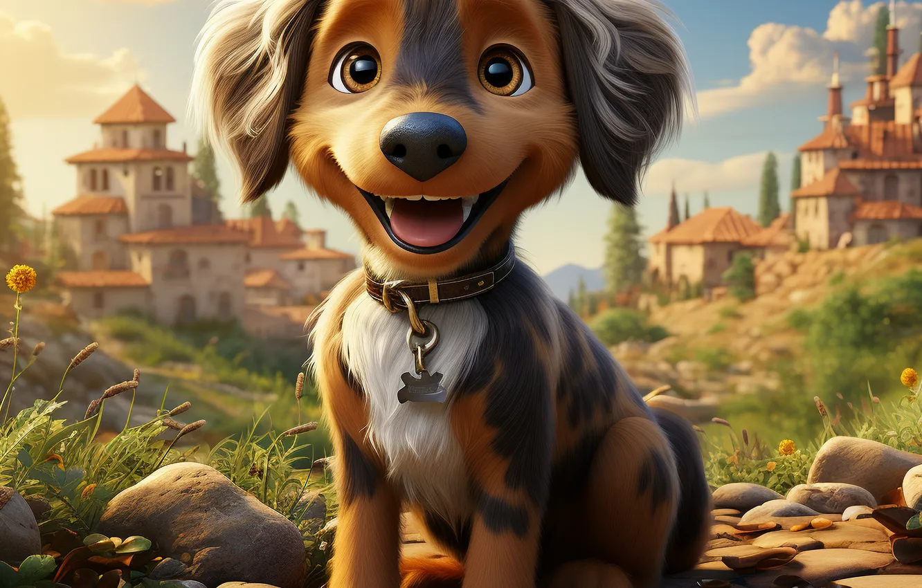 Photo wallpaper look, home, dog, puppy, collar, face, digital art, AI art