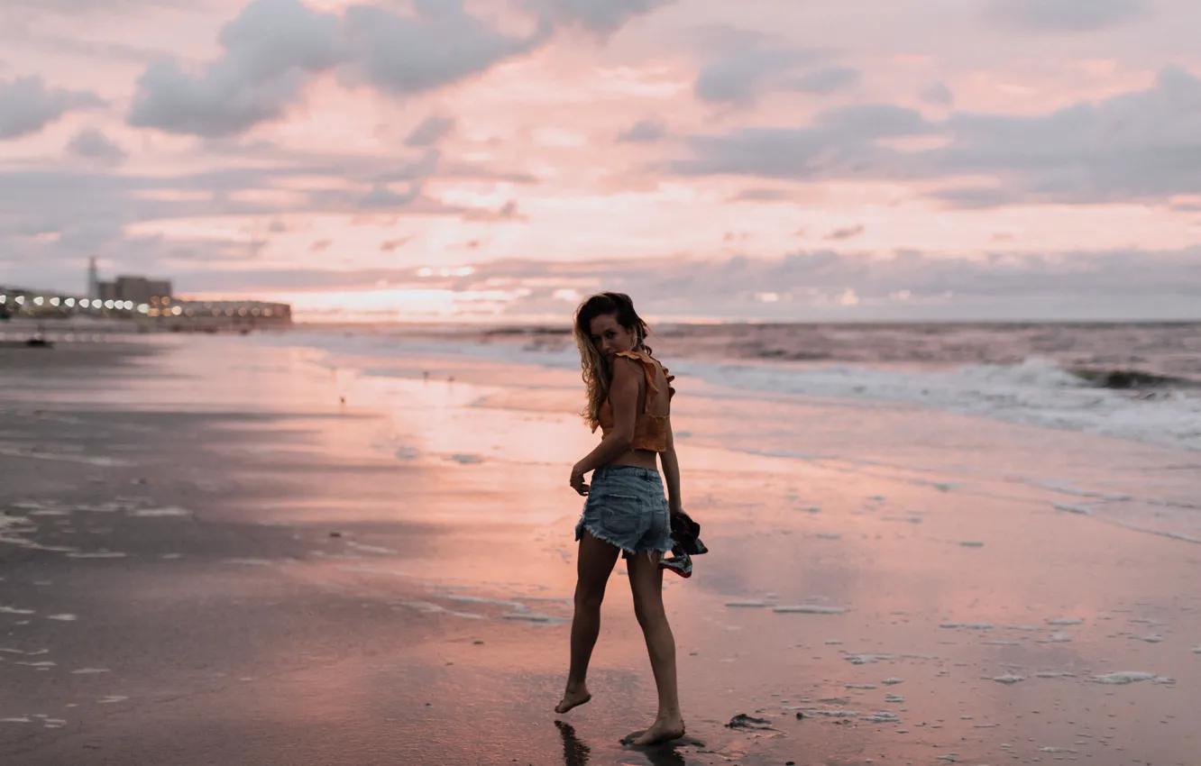 Photo wallpaper sand, beach, girl, sunset, the evening