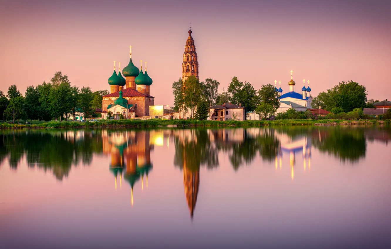 Photo wallpaper landscape, reflection, river, dome, the bell tower, Church, Velikoselsky Kremlin