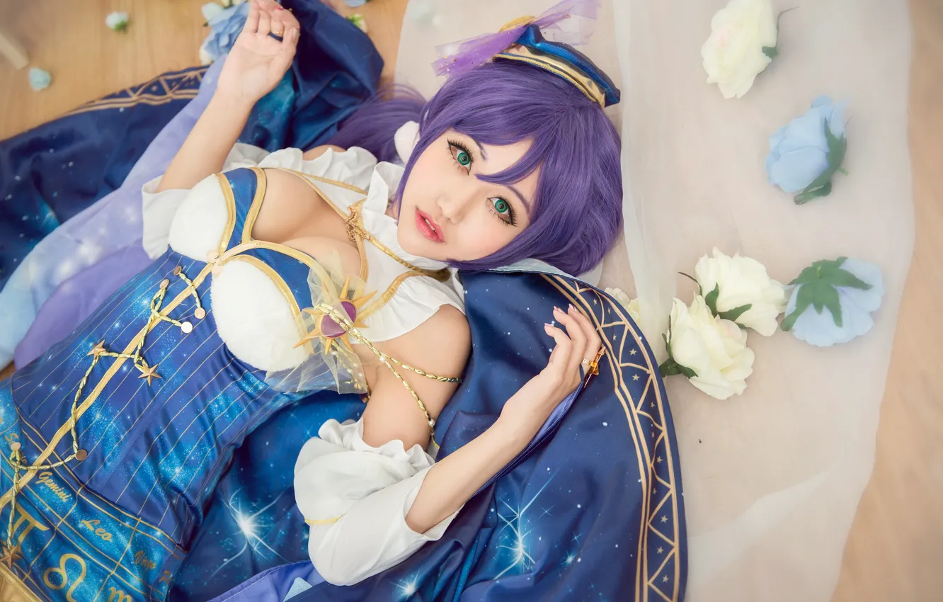 Photo wallpaper chest, look, girl, flowers, blue, face, pose, style