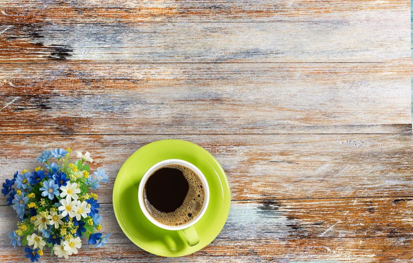 Photo wallpaper flowers, coffee, Cup, wood, flowers, cup, coffee