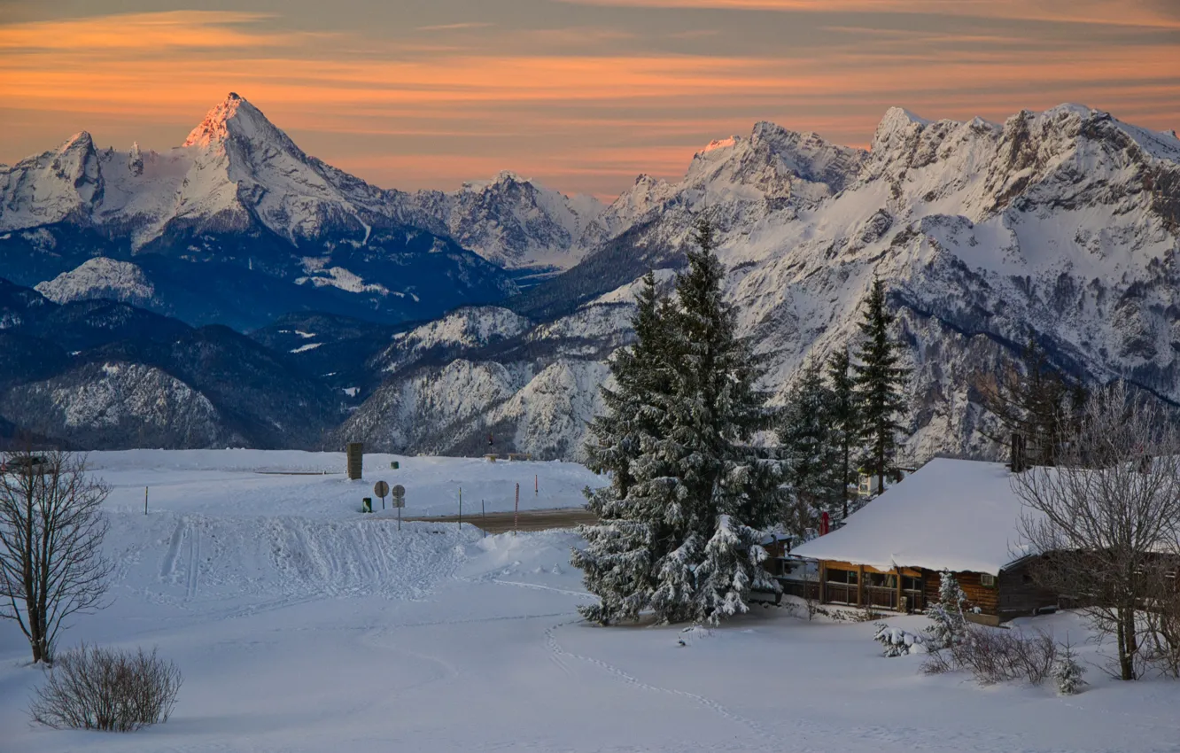 Photo wallpaper winter, snow, landscape, mountains, nature, house, dawn, morning