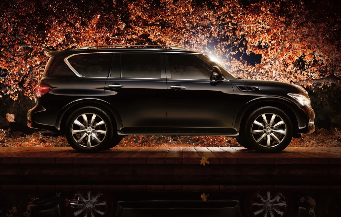 Photo wallpaper leaves, light, trees, reflection, jeep, SUV, Infiniti, twilight