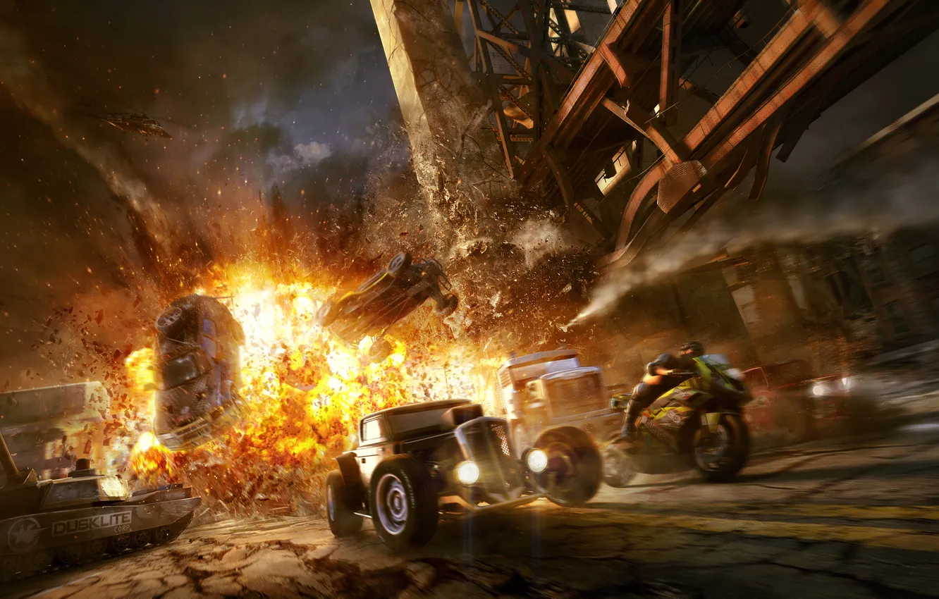 Photo wallpaper road, machine, the explosion, night, bridge, helicopters, motorcycle, tank