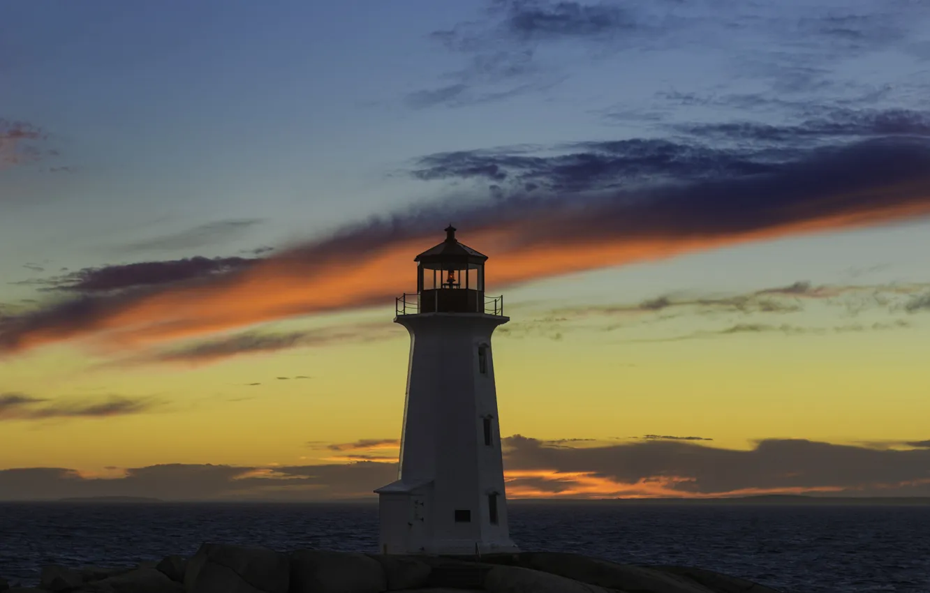 Photo wallpaper sea, the sky, clouds, sunset, lighthouse, island