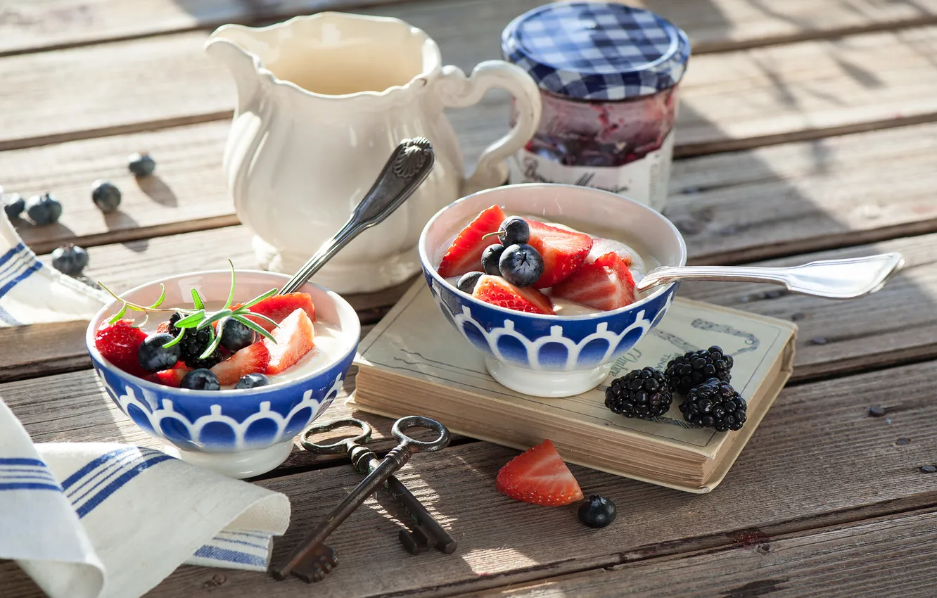 Photo wallpaper berries, Breakfast, blueberries, strawberry, BlackBerry, jam, yogurt, Anna Verdina