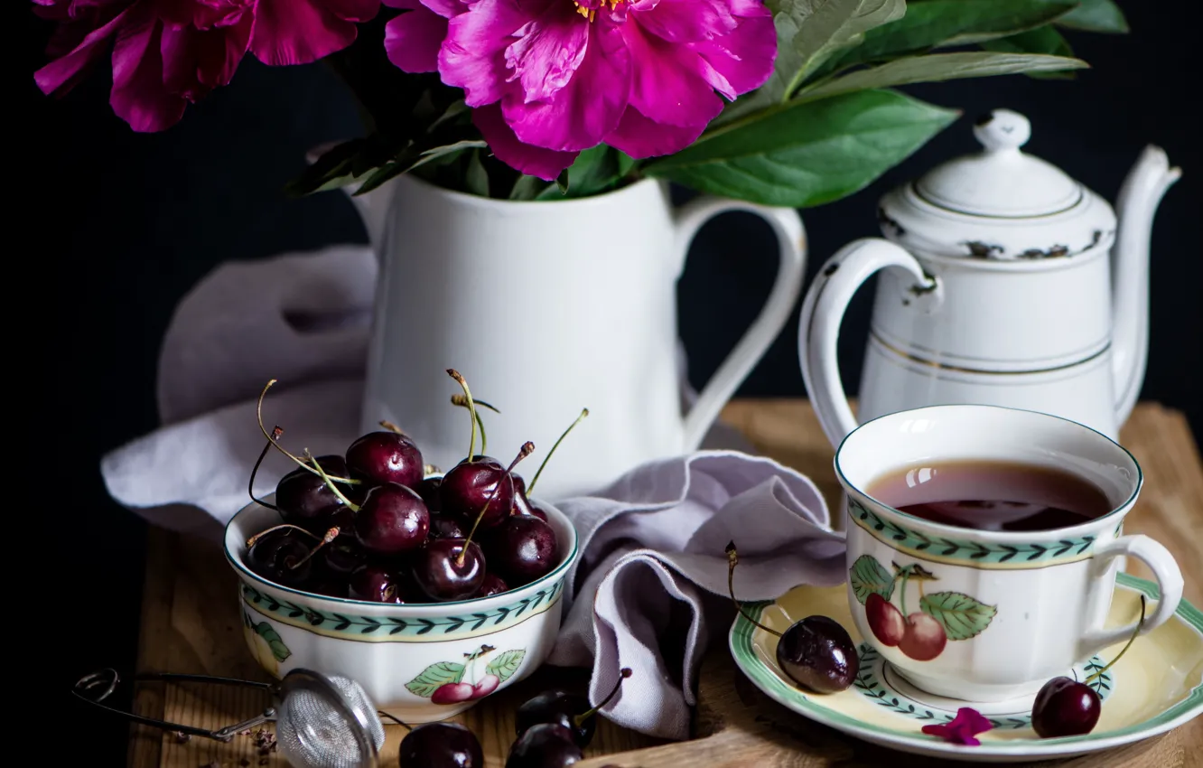 Photo wallpaper tea, cherry, peonies