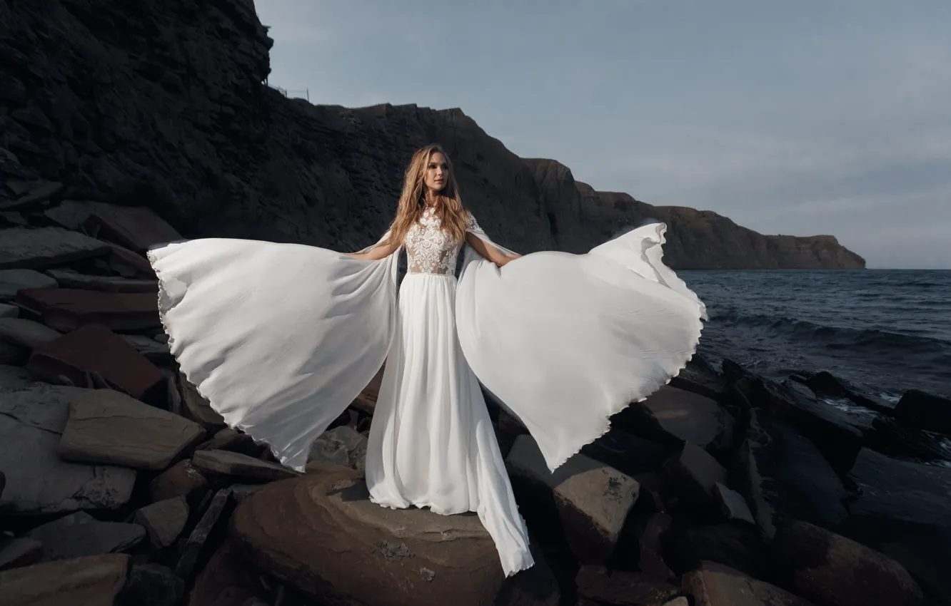 Photo wallpaper sea, girl, white dress