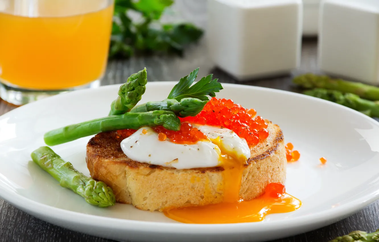 Photo wallpaper Breakfast, breakfast, Fresh toast with poached egg, Fresh toast with poached egg, caviar and asparagus, …