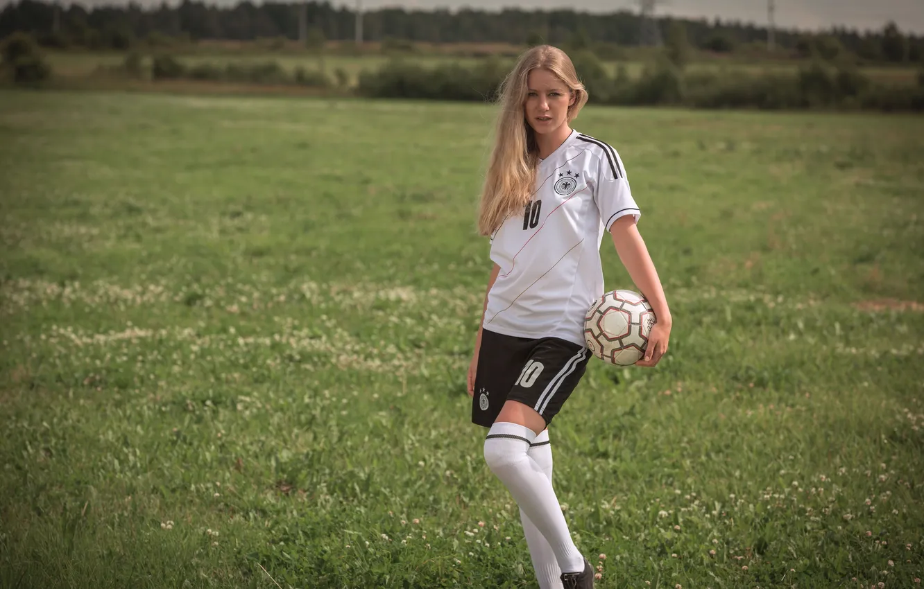 Photo wallpaper girl, shorts, beautiful, model, blonde, ball, sportswear, KNEE SOCKS