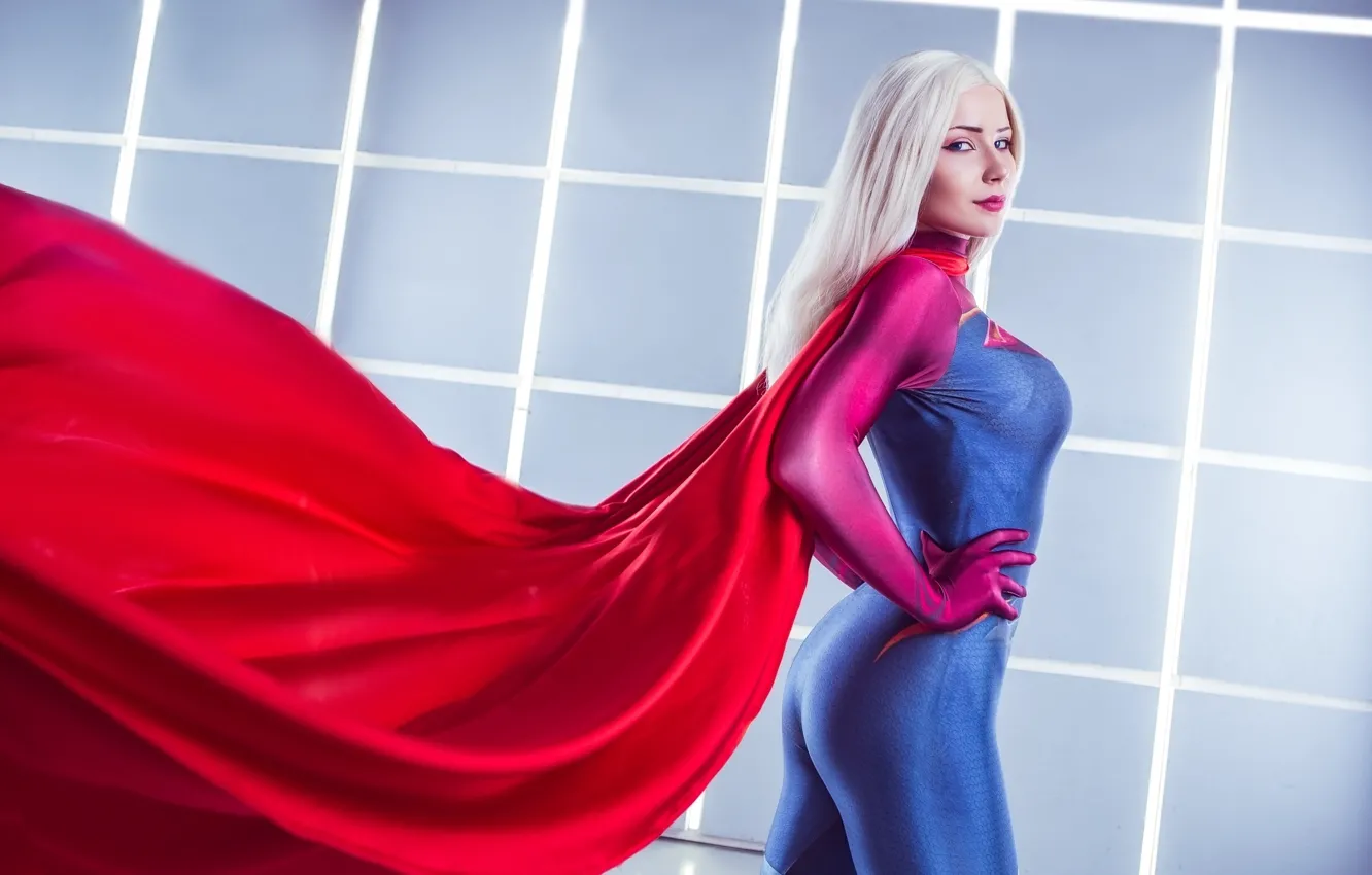 Photo wallpaper girl, cosplay, superwoman, blonde, cape, Costume