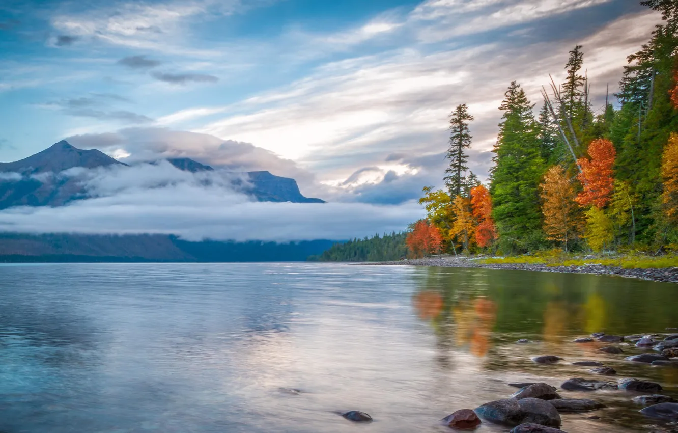 Photo wallpaper autumn, forest, clouds, mountains, nature, lake, reflection