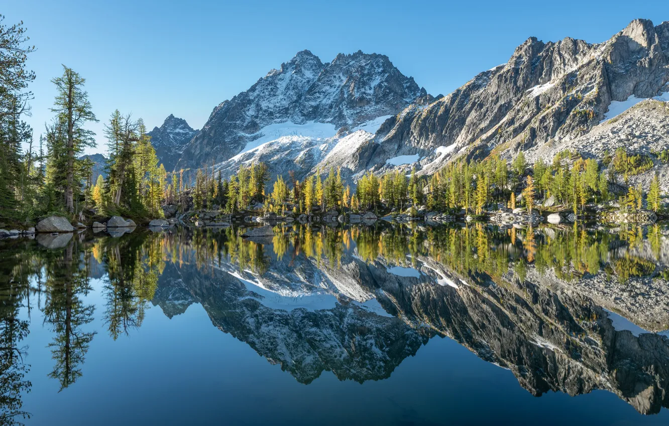 Photo wallpaper trees, mountains, lake, reflection, Washington, The cascade mountains, Washington State, Cascade Range
