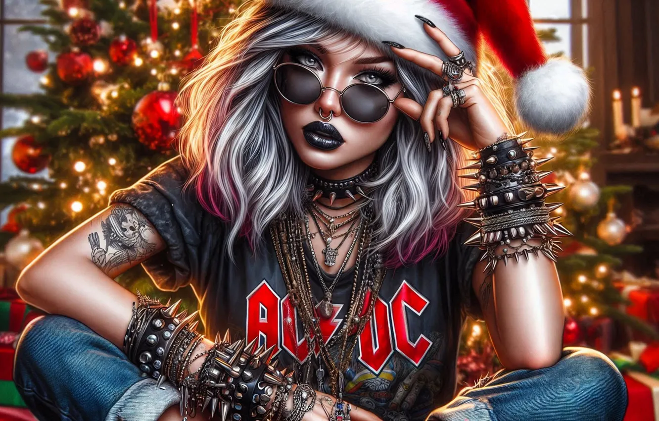 Photo wallpaper girl, decoration, pose, style, new year, jeans, hands, makeup