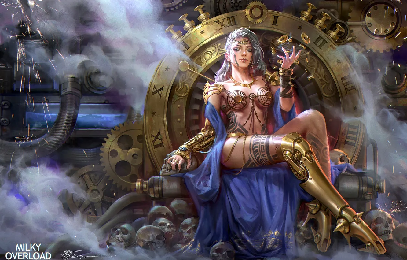 Photo wallpaper sake, girl, fantasy, gold, smoke, machine, tattoo, steampunk