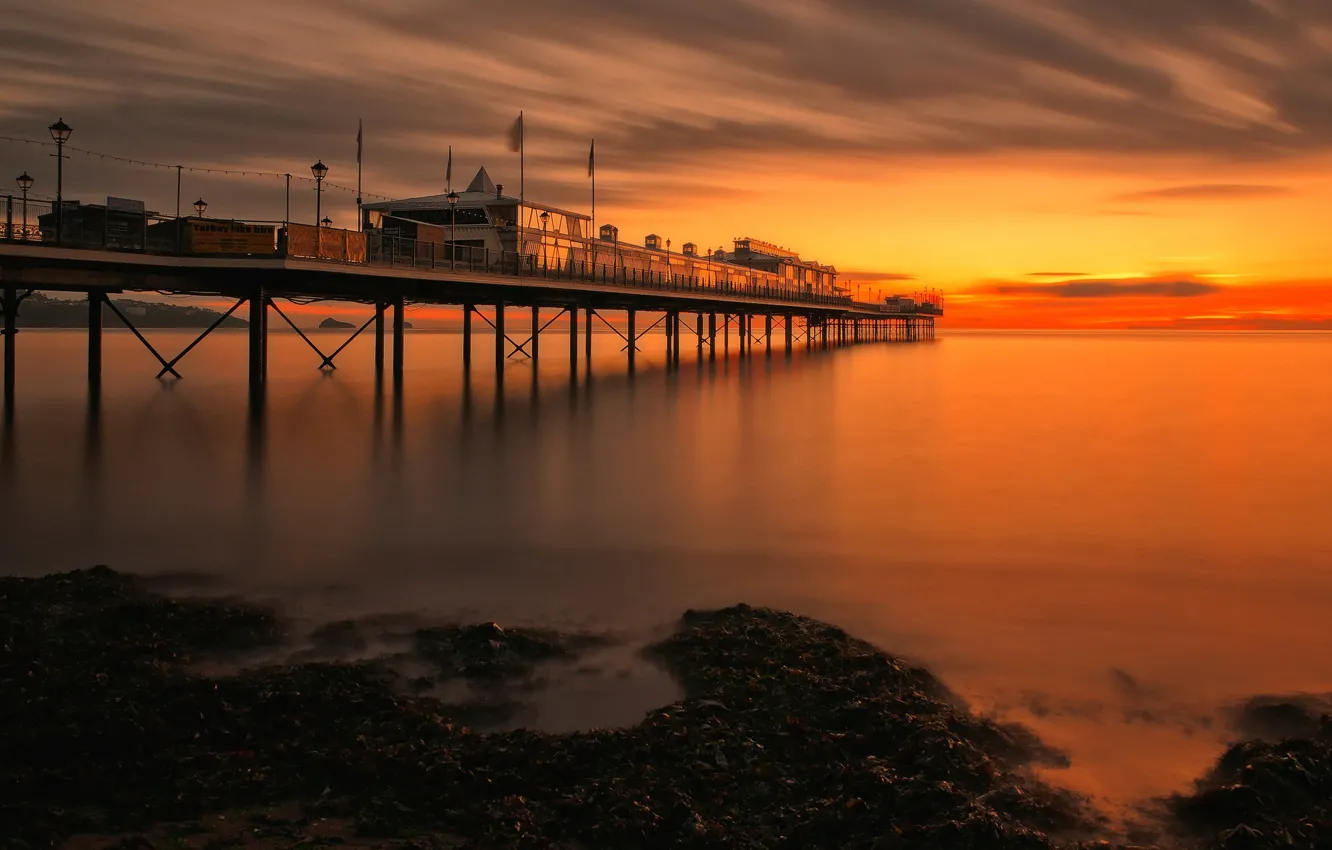 Photo wallpaper sea, England, tide, pierce, glow, Paignton Pier