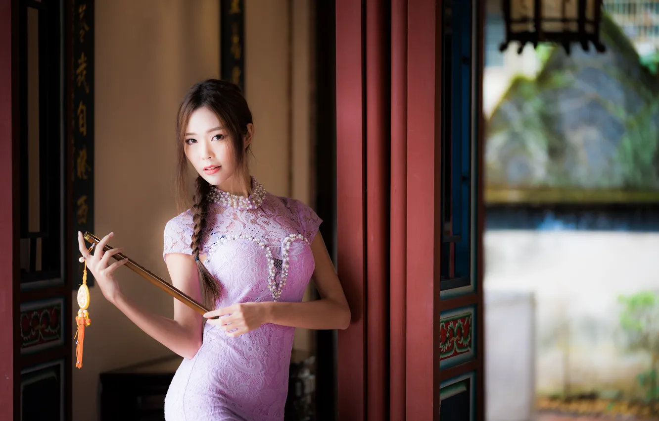 Photo wallpaper girl, dress, fan, Asian