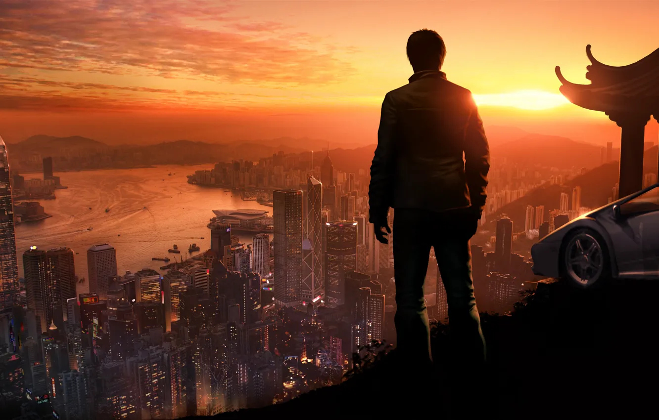 Photo wallpaper machine, sunset, the city, river, people, height, the evening, silhouette