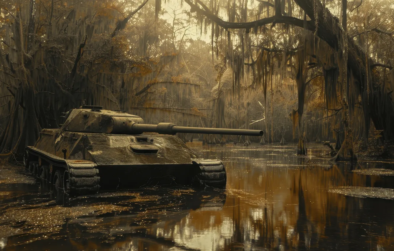 Photo wallpaper Trees, Forest, River, Tank, Digital art, AI art, The Art of Artificial Intelligence, Neural network