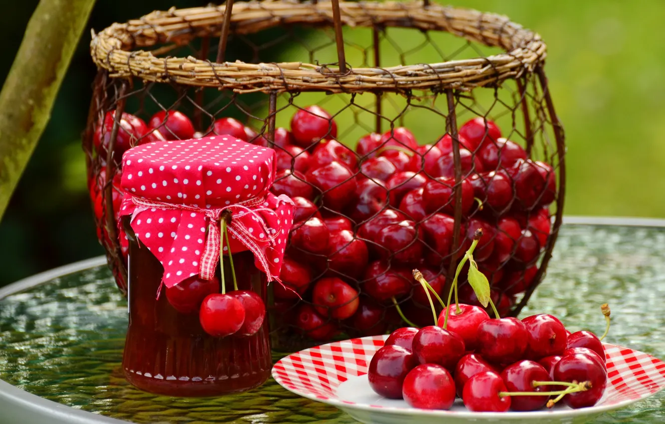 Photo wallpaper red, cherry, berries, table, mesh, basket, the sweetness, food