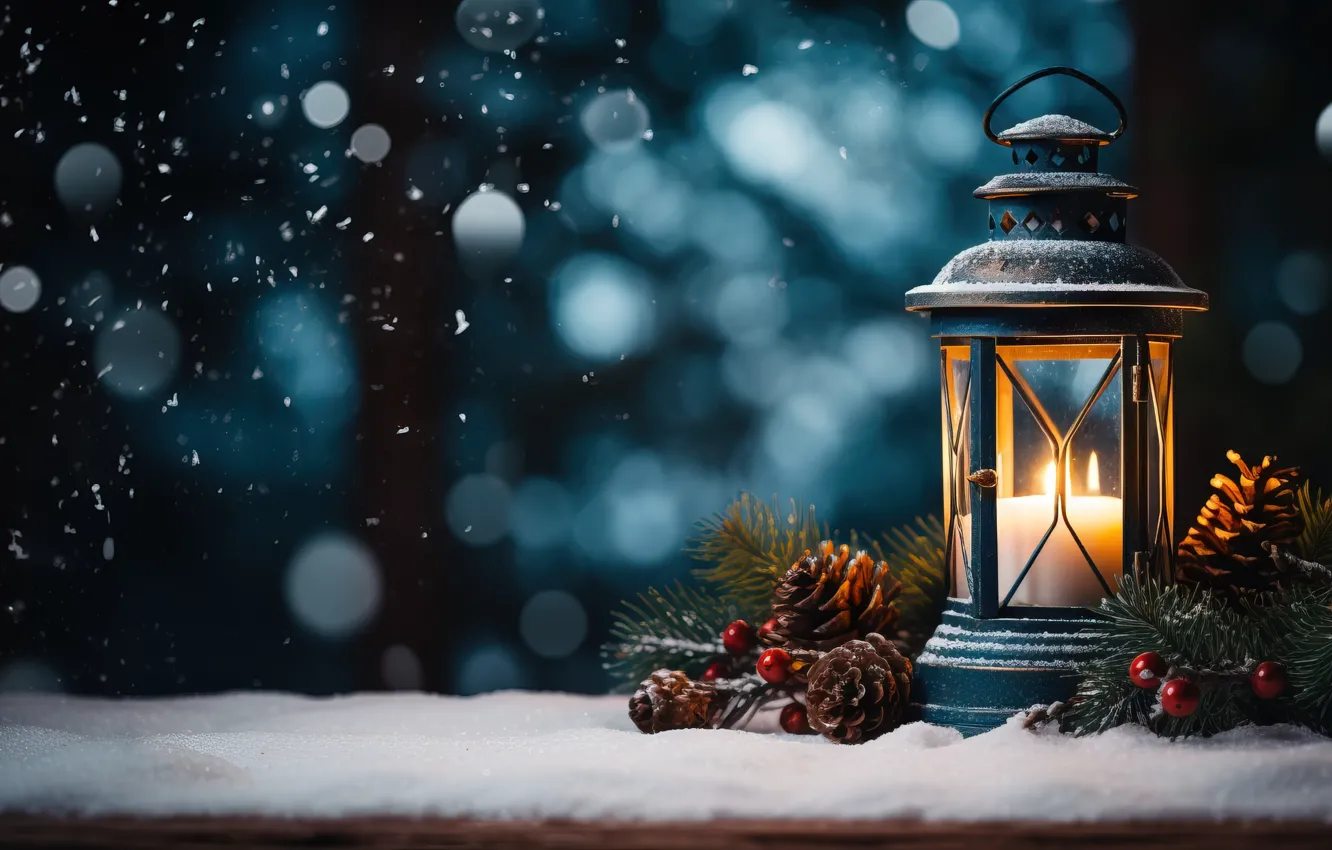 Photo wallpaper winter, snow, decoration, night, new year, Christmas, lights, light