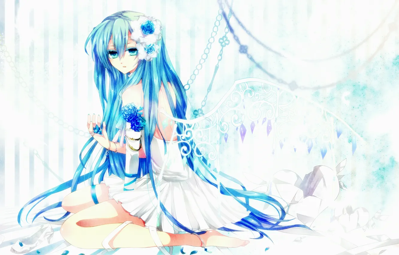 Photo wallpaper girl, flowers, roses, wings, anime, art, Hatsune Miku, Vocaloid