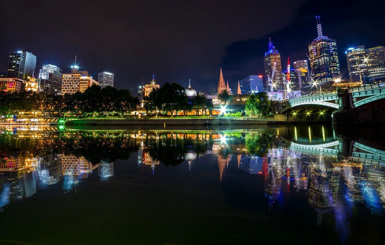 Photo wallpaper water, trees, night, bridge, lights, reflection, river, building