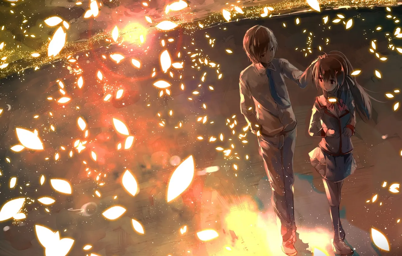 Photo wallpaper the sky, girl, clouds, sunset, anime, petals, art, guy