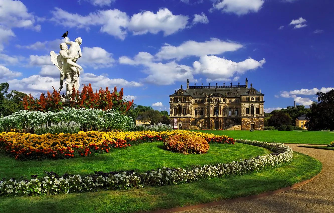 Photo wallpaper the sky, clouds, trees, flowers, lawn, Germany, Dresden, garden