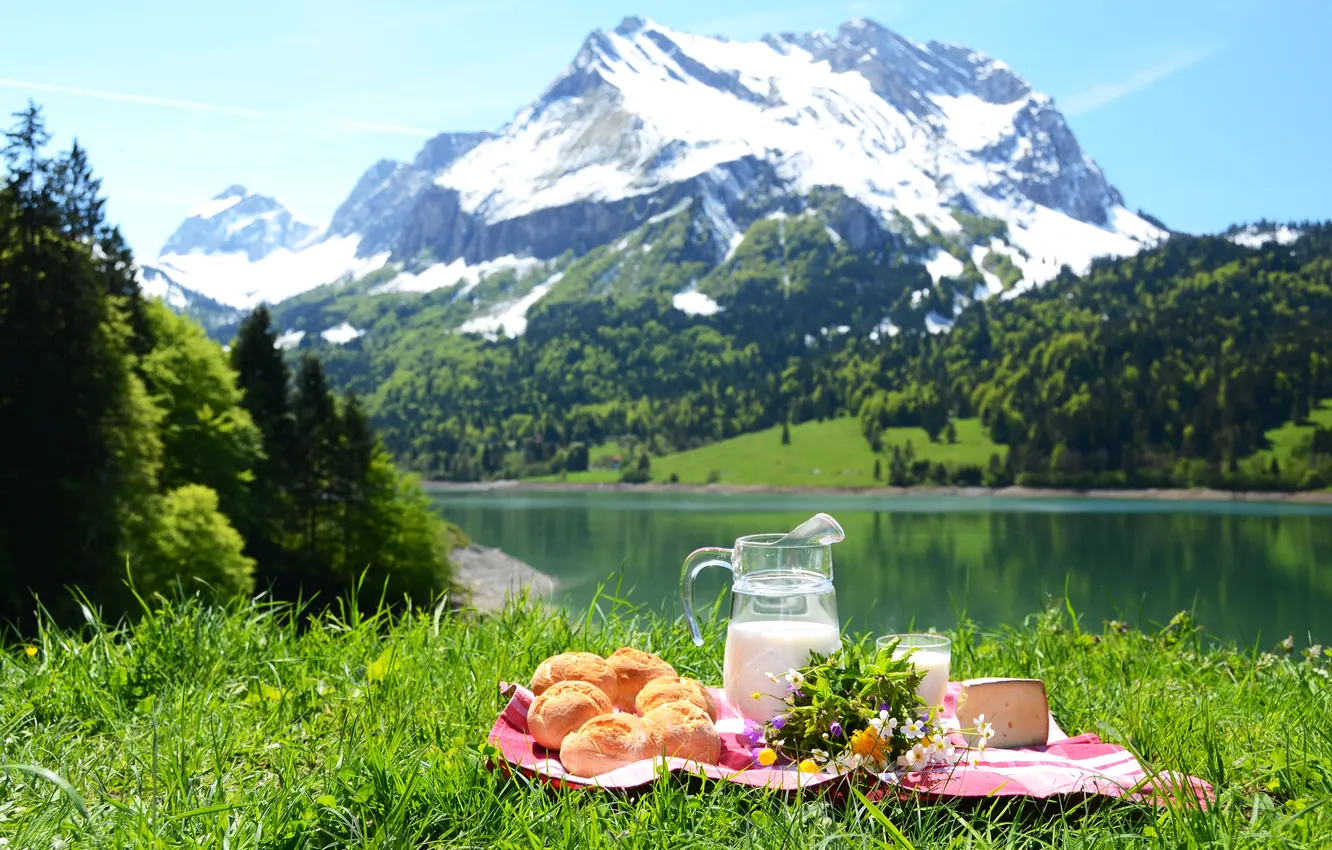 Photo wallpaper greens, grass, snow, flowers, mountain, cheese, milk, pitcher