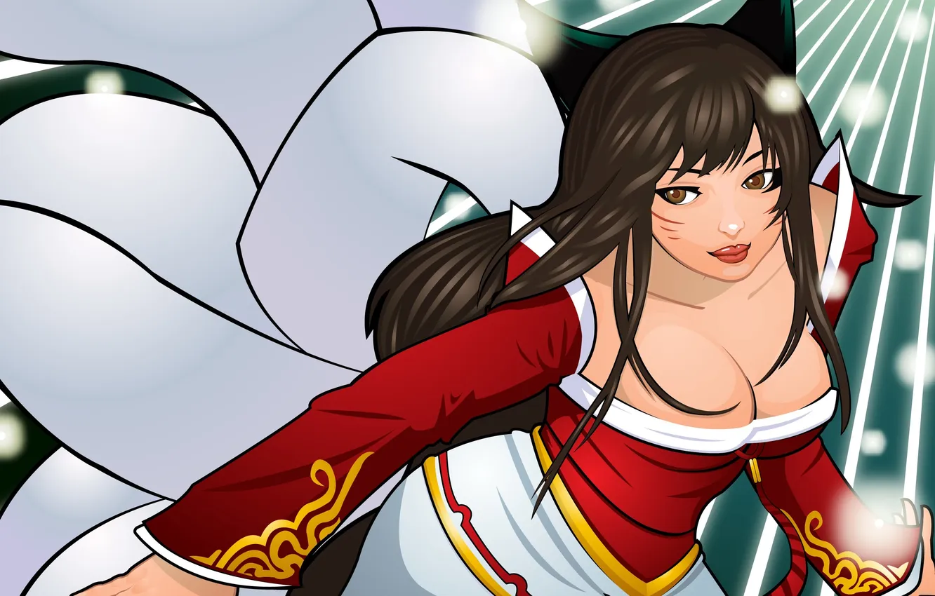 Photo wallpaper look, dress, tail, ears, Fox, League of Legends, Ahri