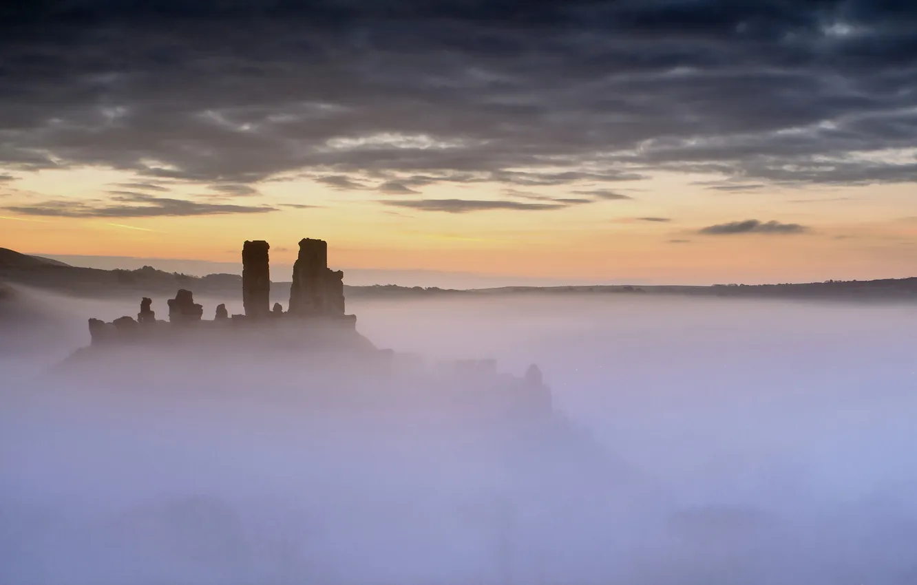 Photo wallpaper sunset, fog, ruins