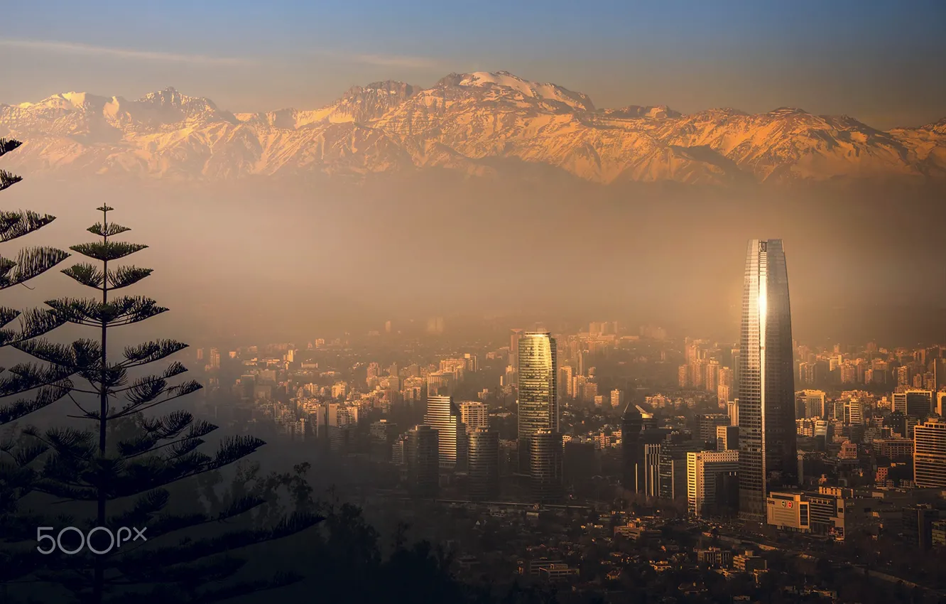 Photo wallpaper light, mountains, the city, fog, haze, Chile, Santiago