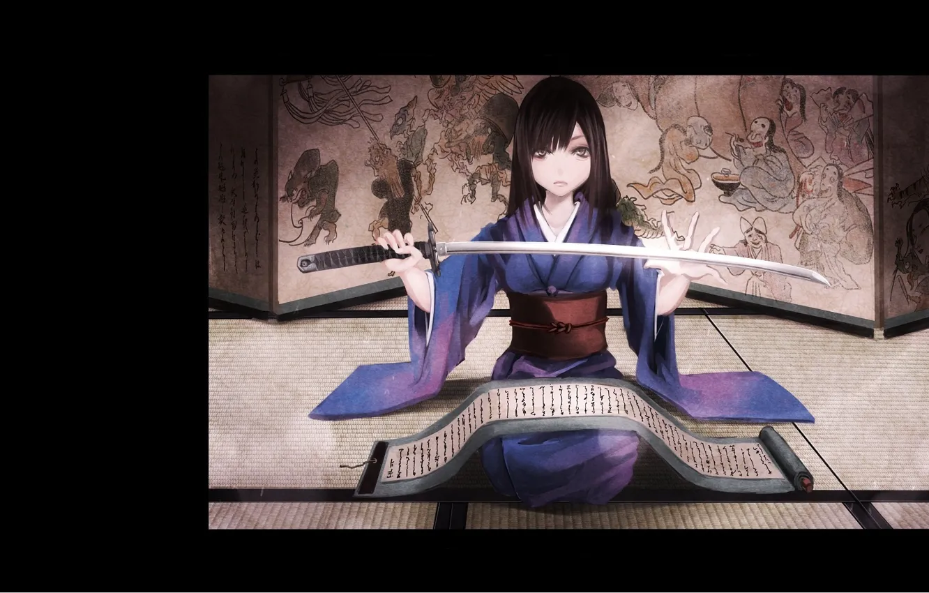 Photo wallpaper katana, Girl, screen, kimono, sitting, scroll