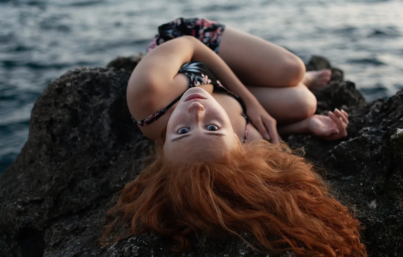 Photo wallpaper girl, lies, red, legs, Sergey Papirenko, CryMeAn